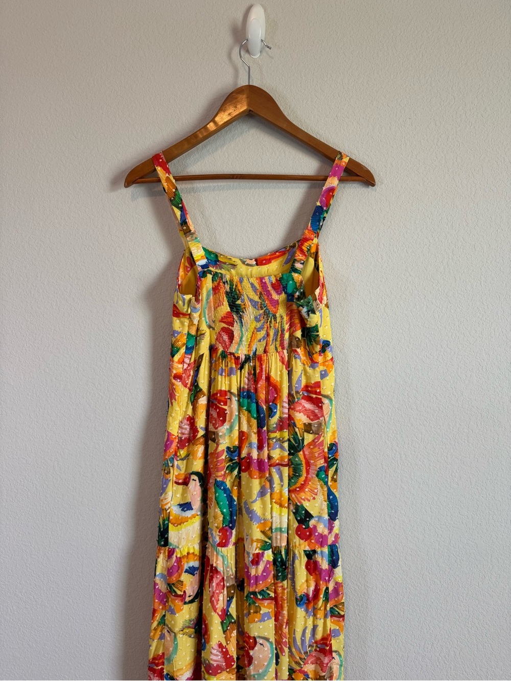 Farm Rio Toucan Yellow Swiss Dot Textured Tropical Tiered Maxi Dress Size Small - Picture 9 of 11
